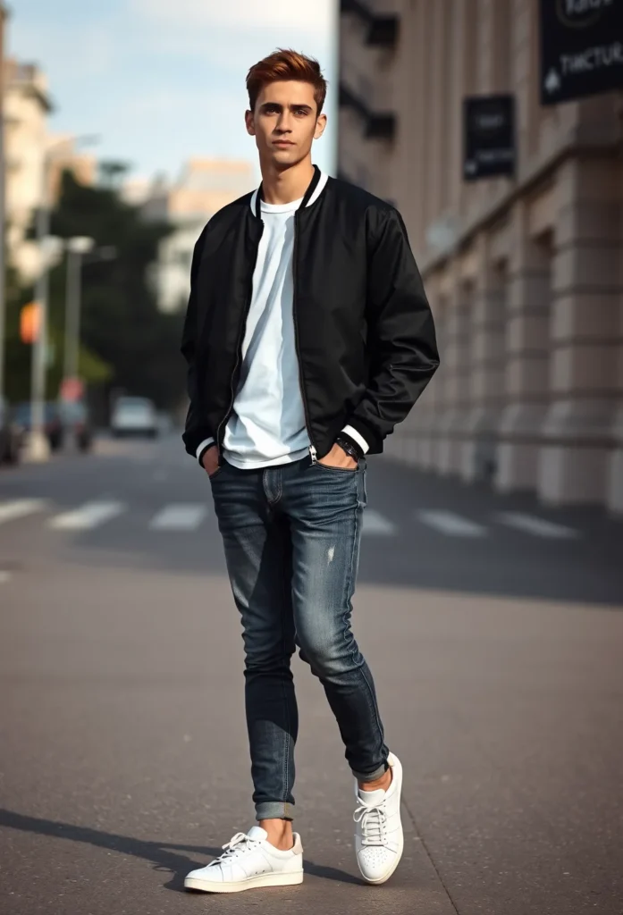 Boys Back to School Outfit: The Classic Dark Wash Jeans and Bomber Jacket Combo